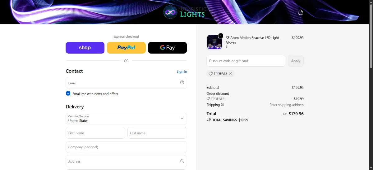 The Futuristic Lights checkout, with the discount code box