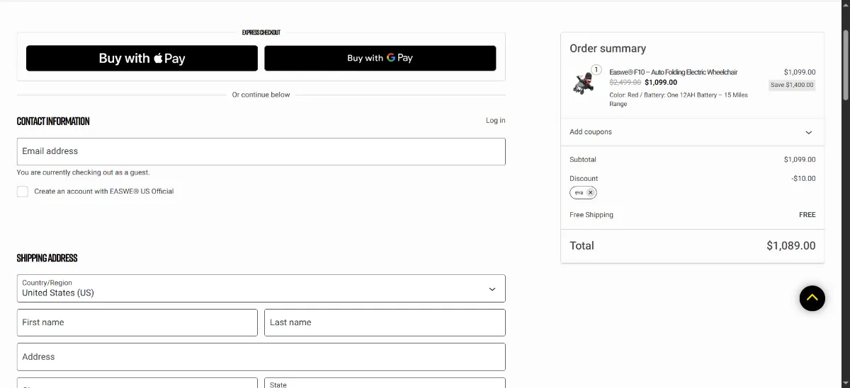 The EASWE checkout, with the coupon code box
