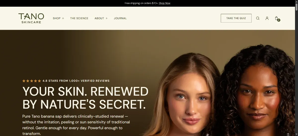 The Tano Skincare home page
