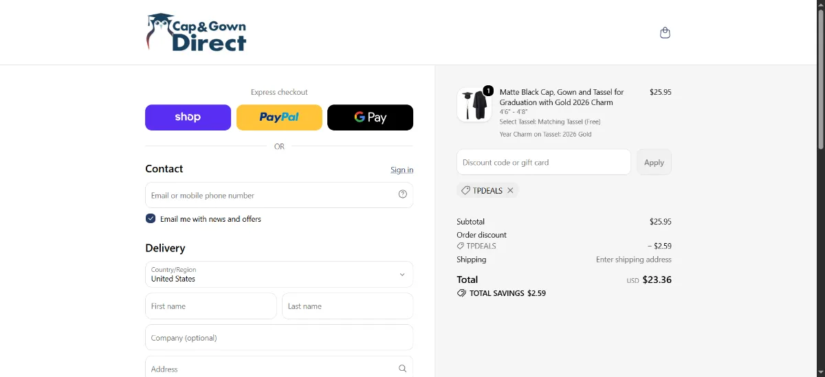 The Cap and Gown Direct checkout, with the discount code box