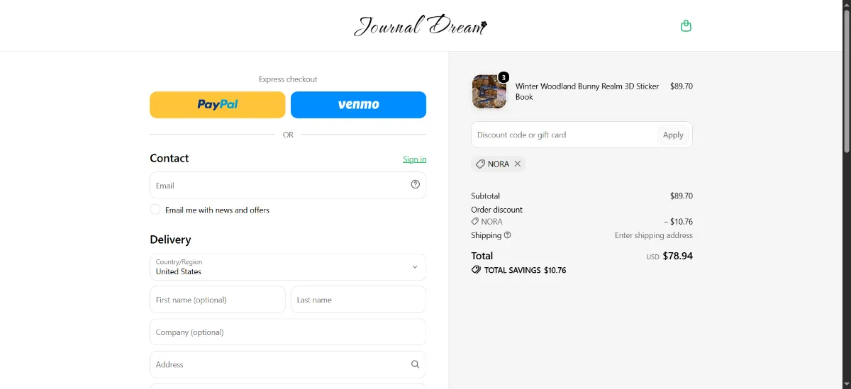 The Journaldream checkout, with the discount code box