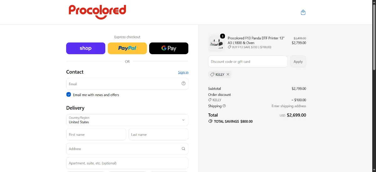 The Procolored checkout, with the discount code box