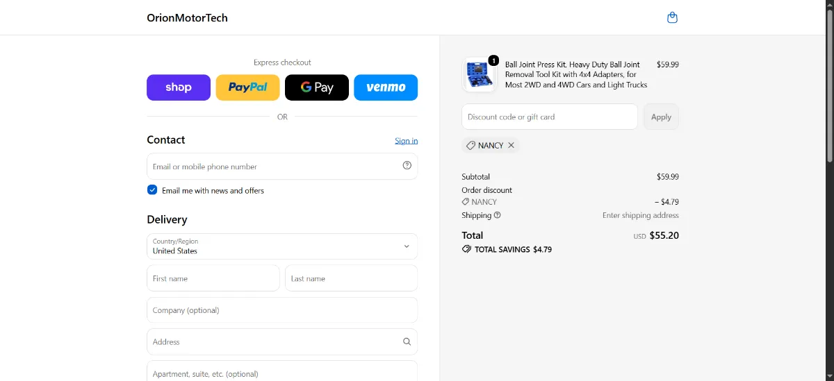 The Orion Motor Tech checkout, with the discount code box
