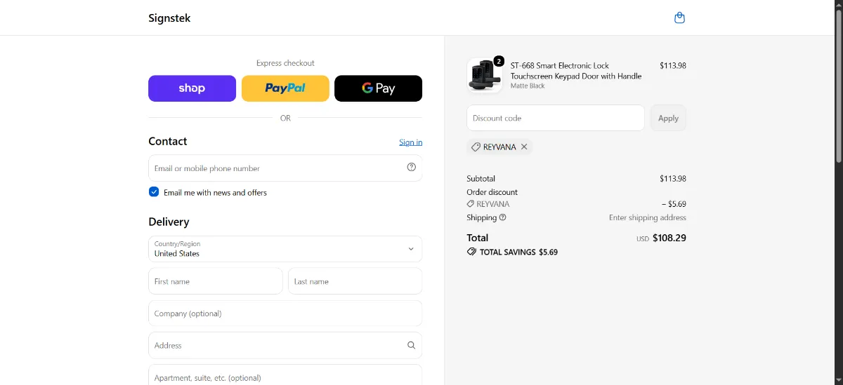 The Signstek checkout, with the discount code box