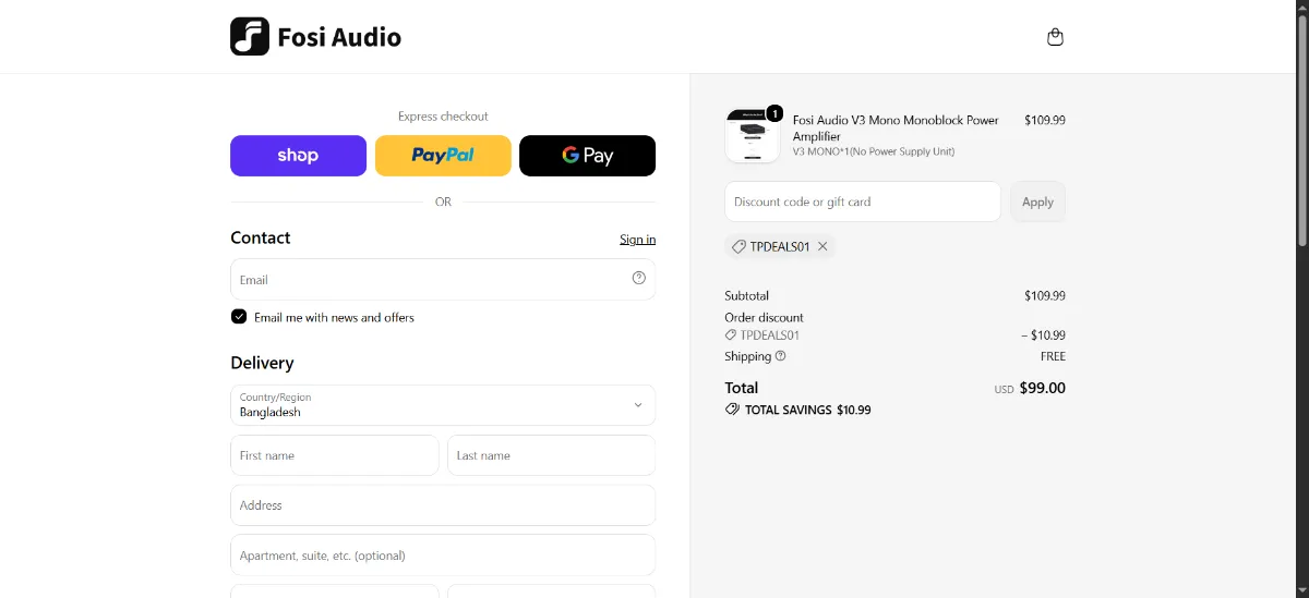 The Fosi Audio checkout, with the discount code box