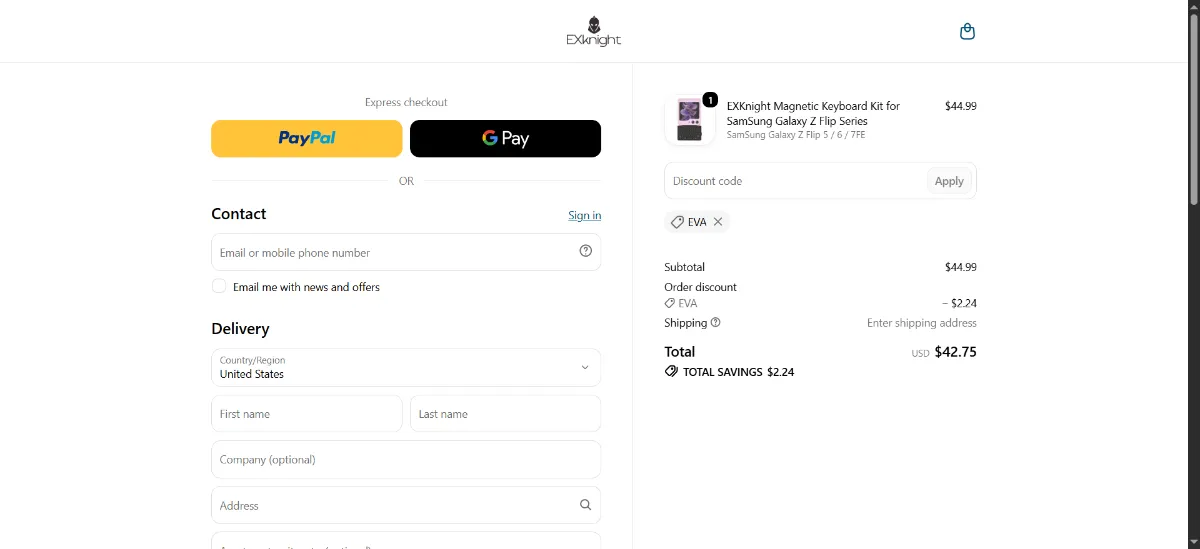 The EXknight checkout, with the discount code box
