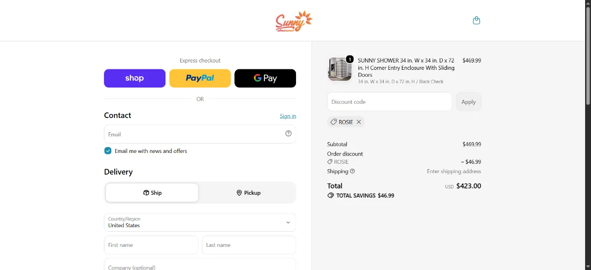 The SUNNY SHOWER checkout, with the coupon code box