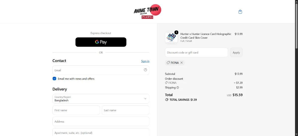 The Anime Town Creations checkout, with the discount code box