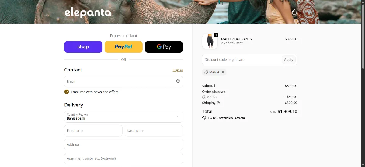 The Elepanta checkout, with the discount code box