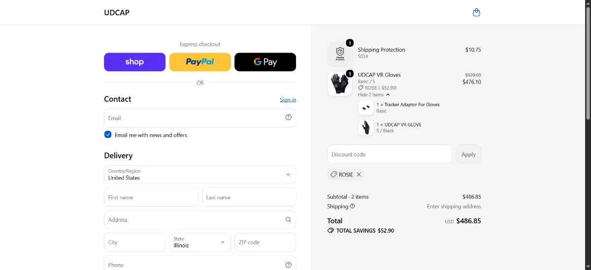 The Udexreal checkout, with the discount code box